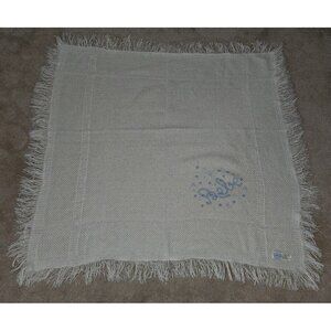 VTG First Impressions White Knit Baby Blanket Acrylic Spain Blue Bebe Stitching